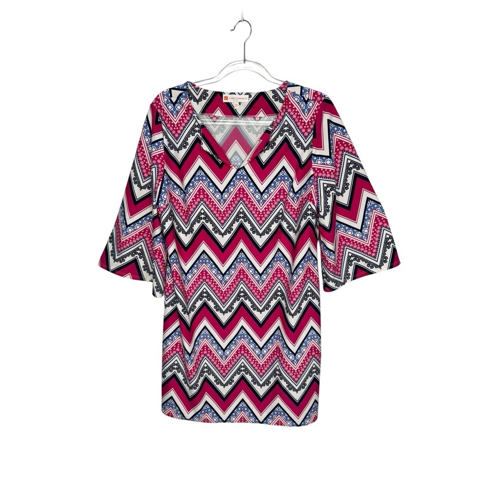 Jude Connally Shift Dress Size L Chevron Print 3/4 Sleeve Preppy Artsy Stretch - Picture 2 of 5